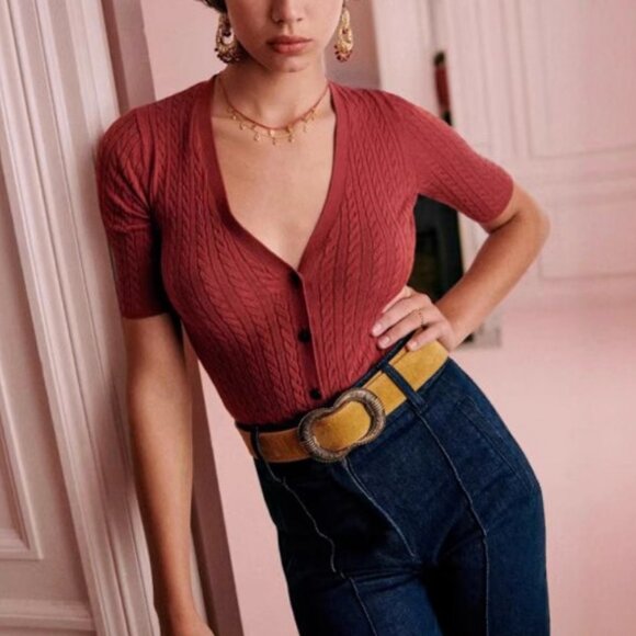 Sezane Red Cable Knit Cardigan - Picture 2 of 8